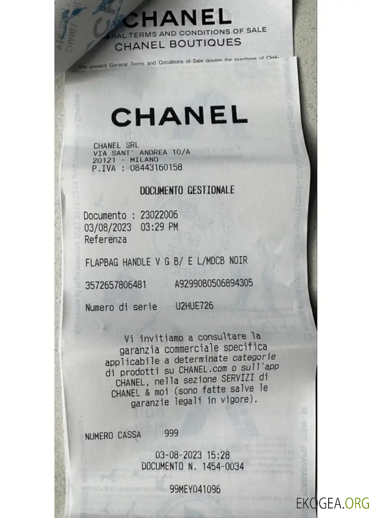 Chèque de paiement des boutiques Chanel